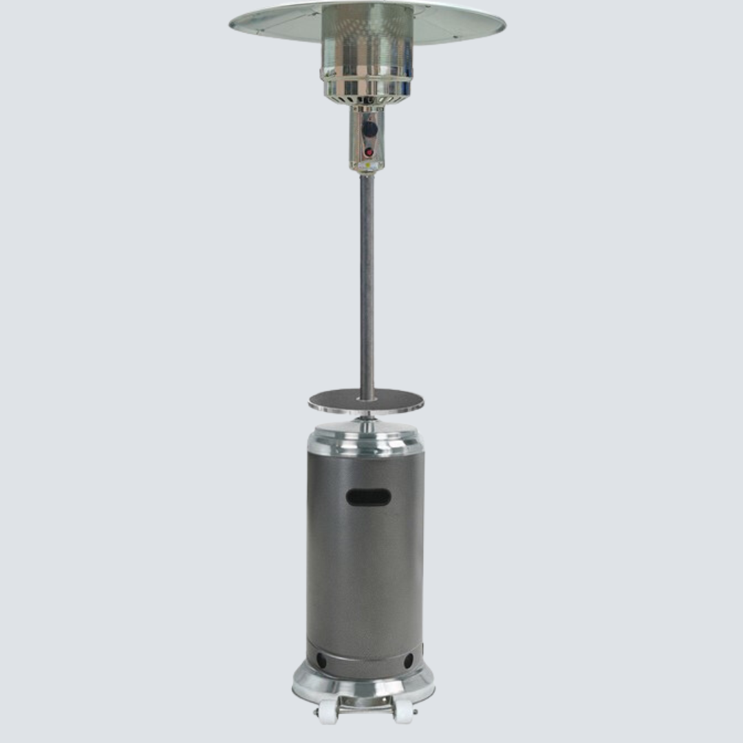 87" Two Tone Outdoor Patio Heater With Table-Hammered Silver & Stainless Steel