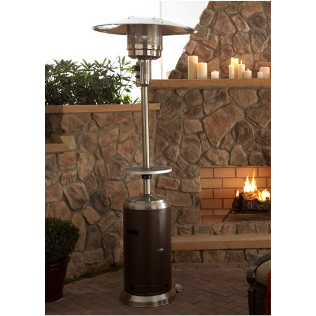 87" Two Tone Outdoor Patio Heater with Table- Hammered Bronze & Stainless Steel