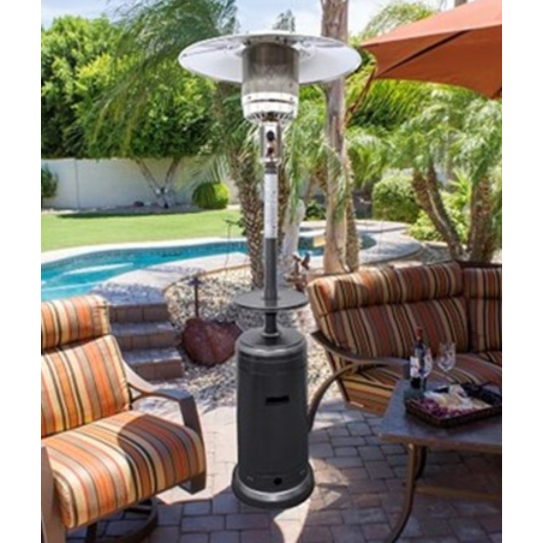 87" Tall Outdoor Patio Heater with Metal Table in Hammered Silver