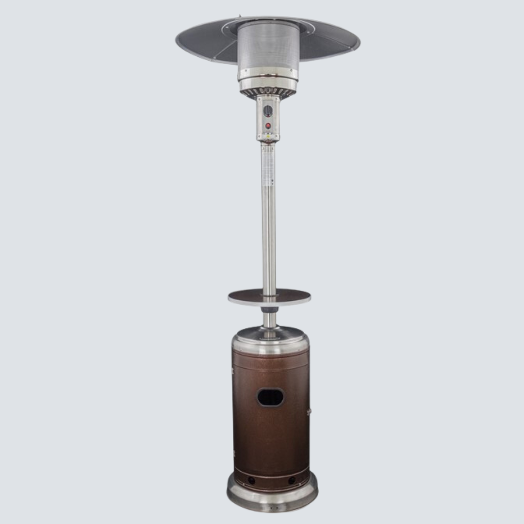 87" Two Tone Outdoor Patio Heater with Table- Hammered Bronze & Stainless Steel